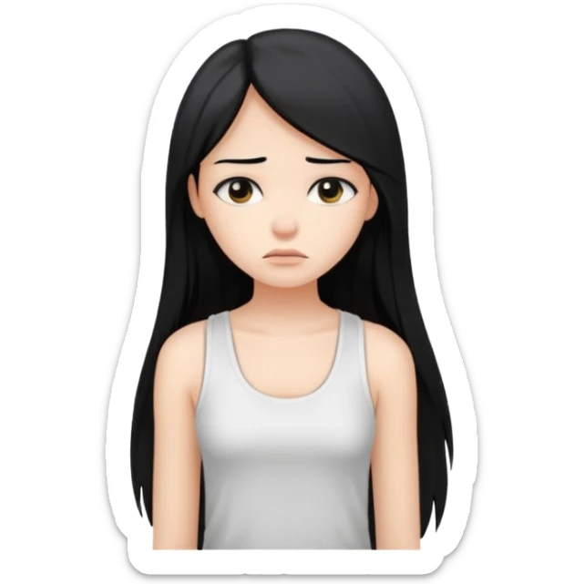 a pretty bratz fair girl with long straight black hair  with a white tank top slightly sad sticker