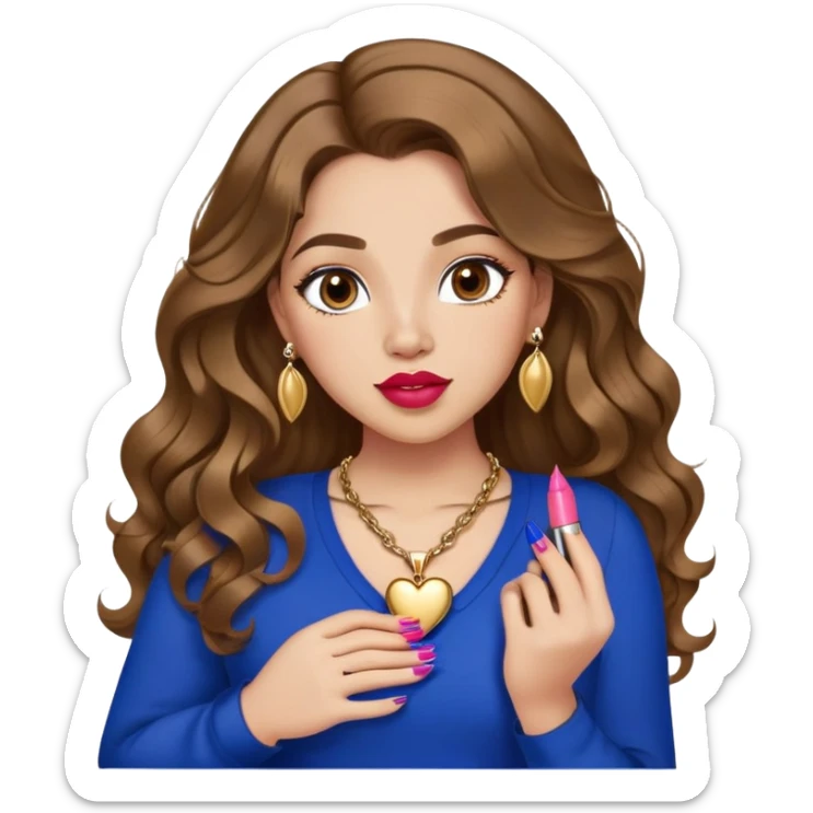 Light skinned girl, long wavy brown hair center-part with face framing pieces, big hazel eyes, gold heart necklace and earrings, royal blue long sleeve top, prominent blush, sassy, big lips, fancy long acrylic nails done, holding lipstick. She is curvy sticker