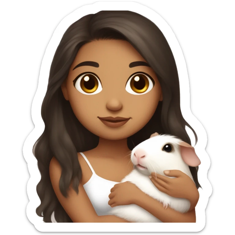 a Latina girl with long dark brown hair and light skin wearing a white tube top shirt snuggling a baby guinea pig sticker
