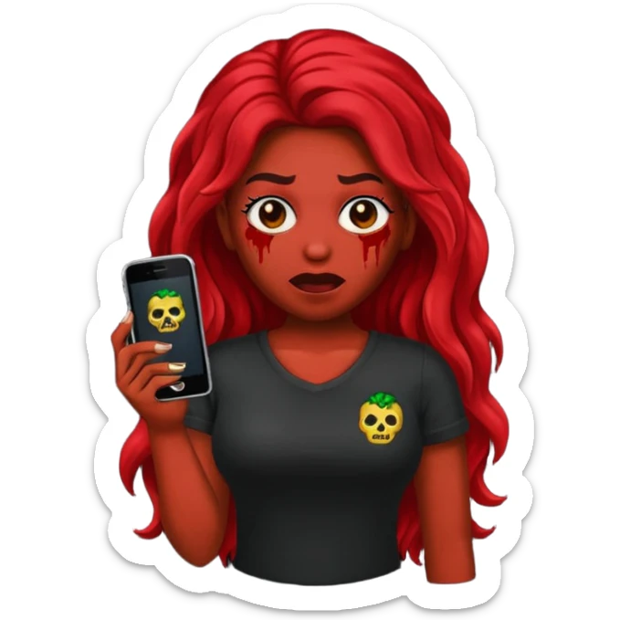 Faça me um emoji de um zumbi mulher de cabelos vermelho escuro longos ondulado usando uma blusa preta, faça no estilo iphone sticker