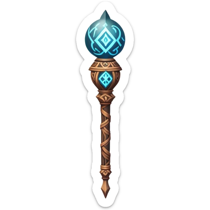 Clash of Clans aesthetic: Cinematic fireball Magic Staff Emoji, rendered in a 3D vector-style similar to standard emojis with minimal shading and bold, simplified shapes. A compact, isometric enchanted staff with intricate runic carvings and a glowing orb at its tip, softly glowing with a mystical arcane charm. Simplified yet unmistakably iconic, highly detailed and consistent, glowing with a soft radiant glow and high shine. Stylized with a touch of legendary sorcery and a soft glowing outline, capturing the essence of a powerful magic staff with a friendly, playful vibe! sticker