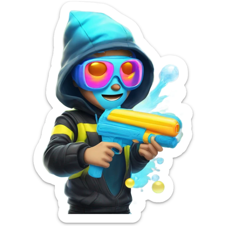 Caucasian boy in glowing rave outfit with mask, sunglasses, and headgear, shooting bubbles out of a water gun sticker