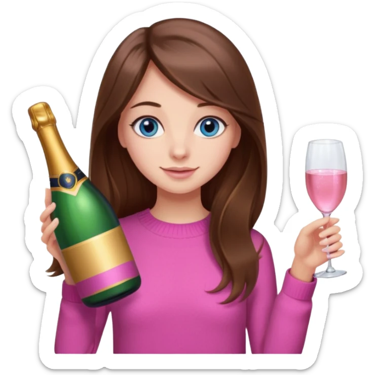 girl with long brown hair, pink sweater and blue eyes with bottle of pink champagne sticker