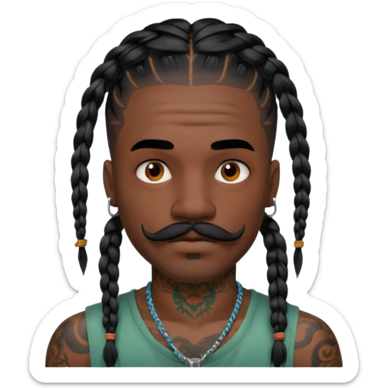 big lose braids starting from the top of the head man with mustache face wiith big visible loose only two braids and lots and lots of colored face tattoos colored tattoos like a tattoo artist hair unique color sticker