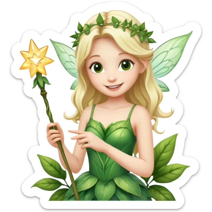 blonde fairy in plant dress with magic wand smiling  sticker