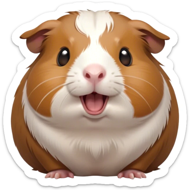 Cinematic Cute Yawning Brown and White Banded Guinea Pig Portrait Emoji, Head tilted slightly with a dramatic, wide-open yawn, revealing a soft, banded fur of brown and white with tiny, droopy ears, round dark eyes barely open in drowsy contentment, Simplified yet irresistibly adorable features, highly detailed, glowing with a soft, cozy glow, high shine, relaxed yet expressive, stylized with a touch of whimsy, bright and endearing, soft glowing outline, capturing the essence of a sleepy yet affectionate guinea pig, so drowsy it feels like it could stretch out of the screen and curl up for a nap! sticker