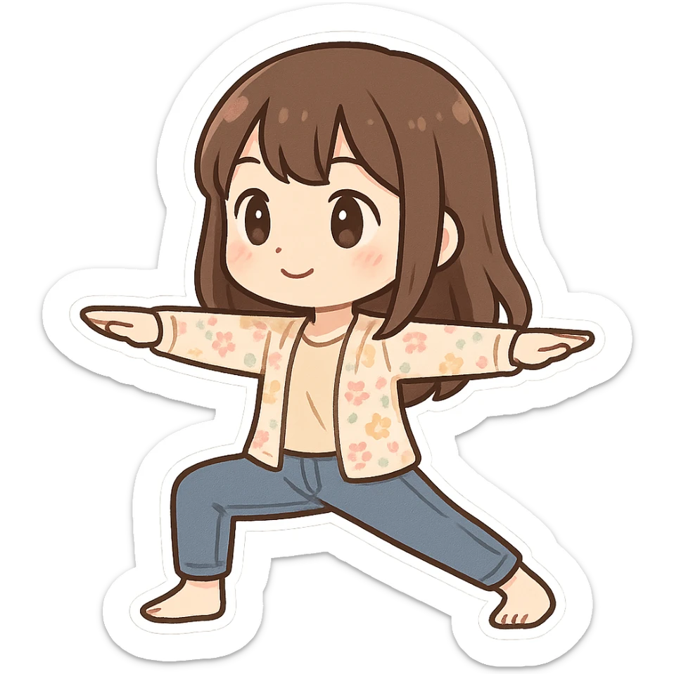 chibi sticker of a girl with brown straight hair and brown eyes, wearing a pastel floral cardigan and jeans, doing yoga in warrior pose, white outline, transparent background, 512x512px sticker