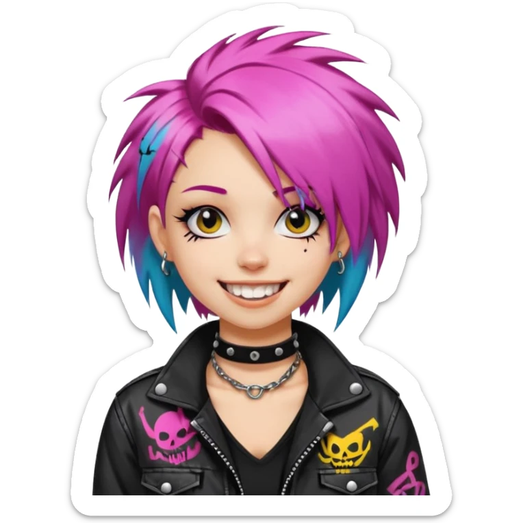 a punk girl with neck-length dyed hair and wear a punk graffiti jacket with black choker grin playfully  sticker
