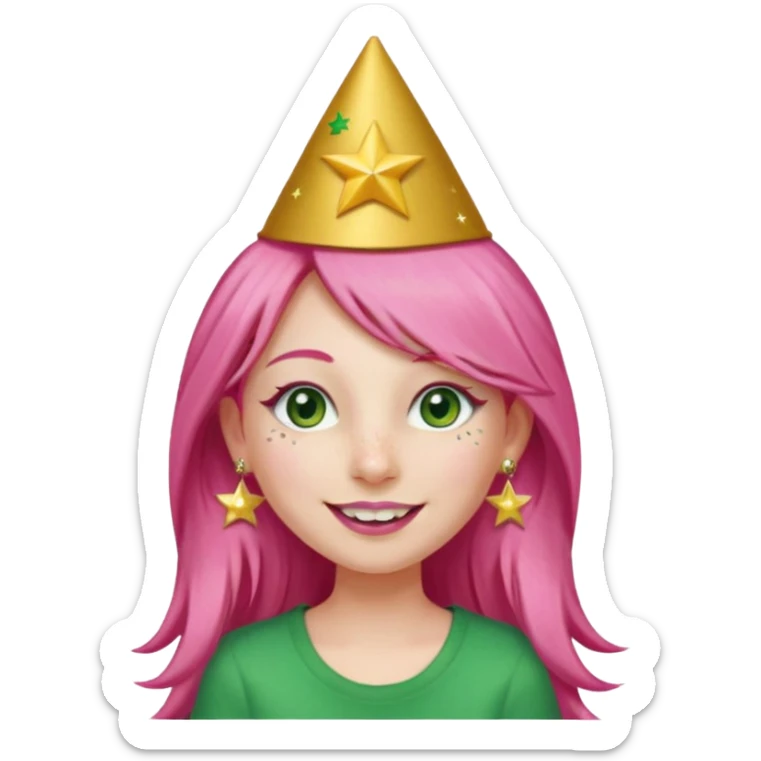 A girl with long pink hair and green eyes with long eyelashes and a smiley face. She has freckles and a lit of bit of pink lipstick on her mouth, she’s also got a full gold birthday party hat on her head with gold pom poms on top of it, and her T-shirt is all red, she wore gold star earrings  sticker