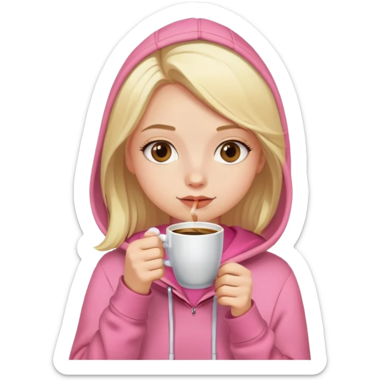 Girl with light blonde hair, pink hoodie, drinking espresso sticker