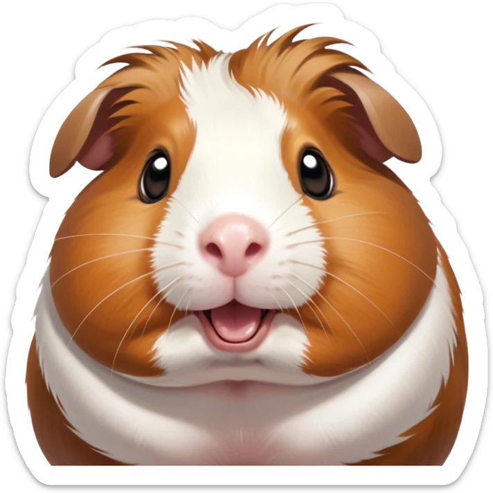 Cinematic Comical Brown and White Banded Guinea Pig Portrait Emoji, Head tilted dramatically with an exaggeratedly amused expression, featuring a striking coat with bold brown and white banding, wide, expressive dark eyes filled with playful disbelief, Simplified yet hilariously expressive features, highly detailed, glowing with a slightly sassy glow, high shine, dramatic yet playful, stylized with an air of cheeky mischief, bright and endearing, soft glowing outline, capturing the essence of a spirited and over-the-top guinea pig, so meme-worthy it feels like it could side-eye its way into internet fame instantly! sticker