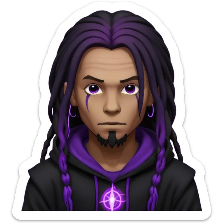 mysterious man with black hoodie and long black dread locks, evil purple aura energy around him sticker