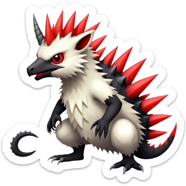 a white exotic edgy vernid-fionbr-Fakémon-creature, with black belly and red eyes, full body sticker