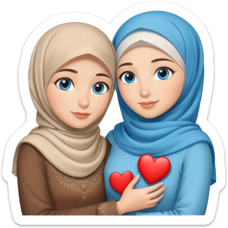 Two Turkish beautiful finish Konya friendly girls blue eyes with hijab and heart dress and hugs  sticker