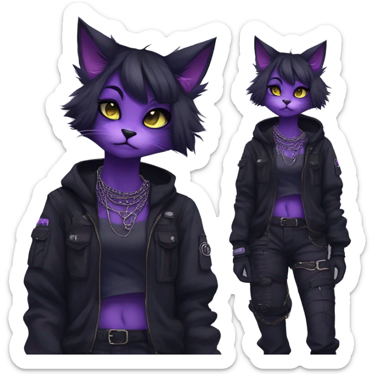Gorgeous furry gothic dark techwear anime style anthro black cat furry sona Fakemon with blushing face aesthetic and pretty edgy black with violet collar and harness trending style chains cargo pants tomboy sticker