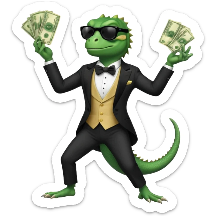 capitalist iguana banker in tuxedo and black sunglasses dancing crazy with money sticker