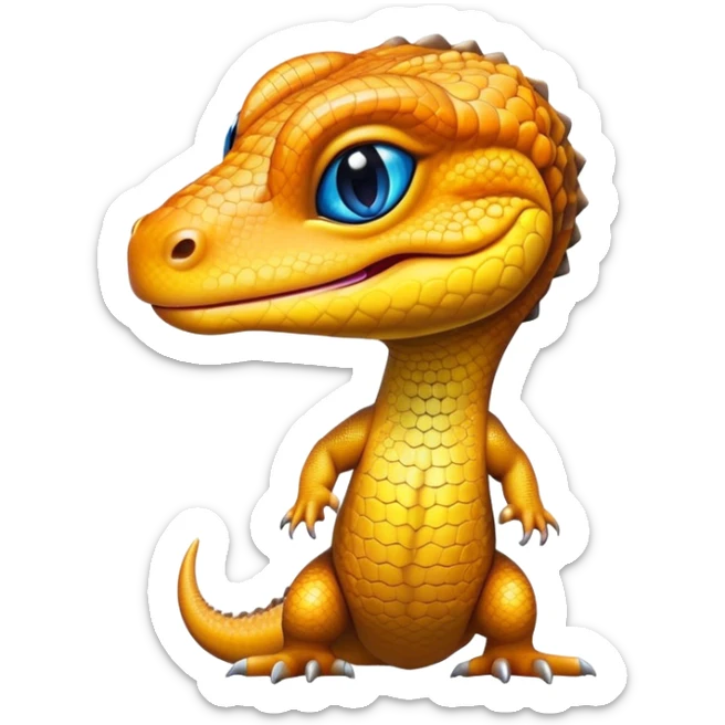 Cinematic Cute Monitor Lizard Portrait Emoji, Head tilted playfully and inquisitively, with a sleek, patterned body accented by vibrant hues and round, sparkling eyes full of wonder, Simplified yet irresistibly adorable features, highly detailed, glowing with a warm, friendly glow, high shine, affectionate and lively, stylized with a touch of exotic charm, bright and endearing, soft glowing outline, capturing the essence of a mischievous yet captivating lizard that seems as if it could scuttle out of the screen into your arms! sticker