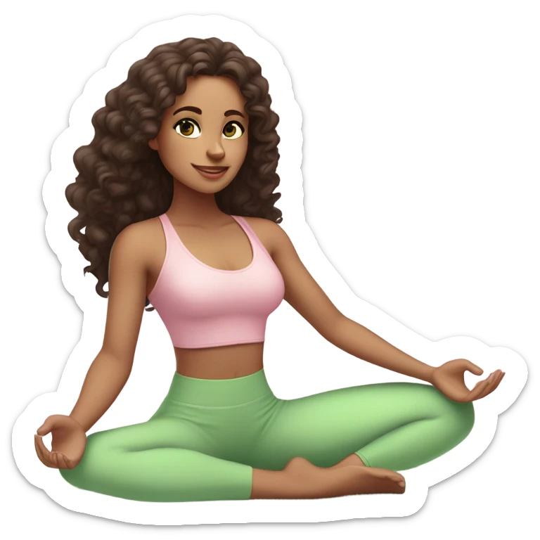Dark brown long curly hair and green eyes yoga beautiful young woman in light pink pink pink clothes sitting on a yoga mat sticker