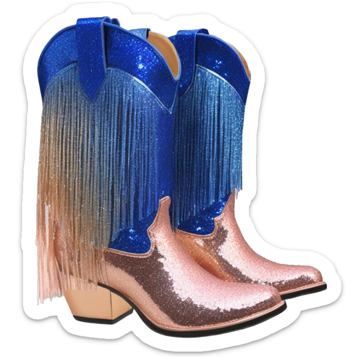 Realistic rose gold and royal blue ombre pair of fashion cowgirl boots with sparkly shiny glitter fringe on them. sticker