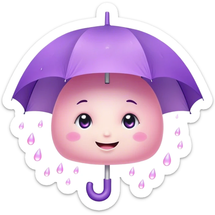 Cute Kawaii Umbrella, small and cute, soft pastel pink and purple, tiny rain droplets smiling down, a chubby round handle, big sparkling eyes full of joy! sticker