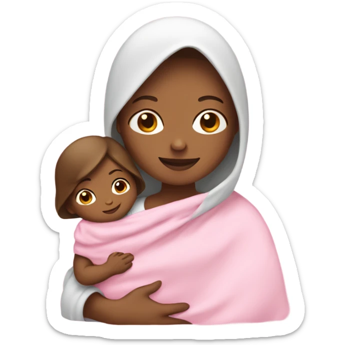 A white mother with a bob with brown hair holding a baby in a pink blanket  sticker