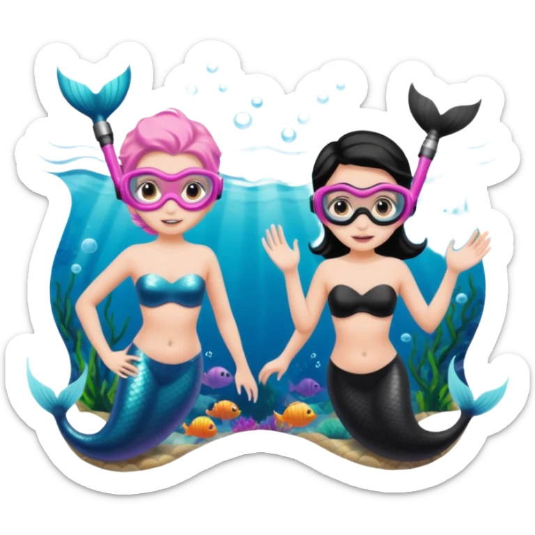 2 Mermaids one wearing a light pink snorkel mask and the other wearing black snorkel mask sticker