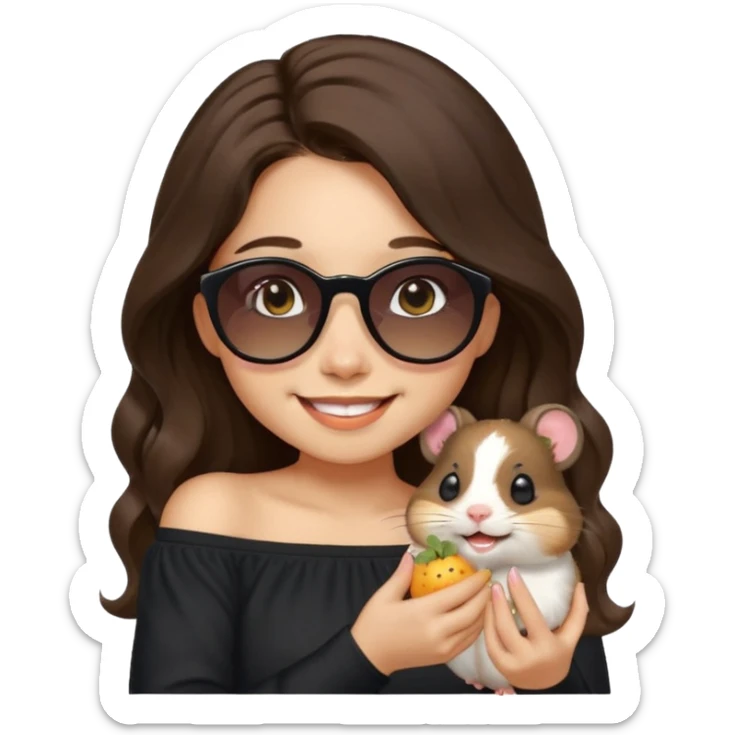modern emoji of a young woman with light skin, long wavy dark brown hair, black off-shoulder top, friendly smile, warm eyes, pet hamster with tiny sunglasses sitting on her shoulder eating a seed, both happy and playful, pastel background, clean cheerful charming style sticker