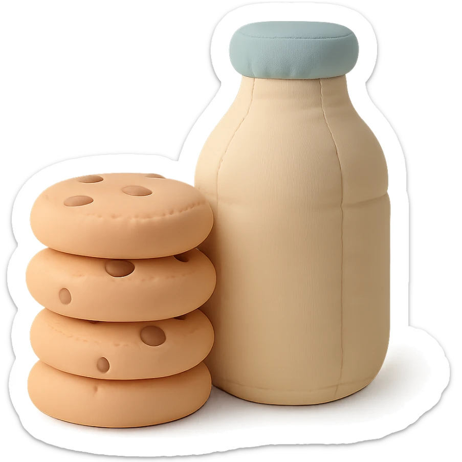 a cushion style stack of cookies next to a bottle of milk, cozy and rounded, pastel colors sticker