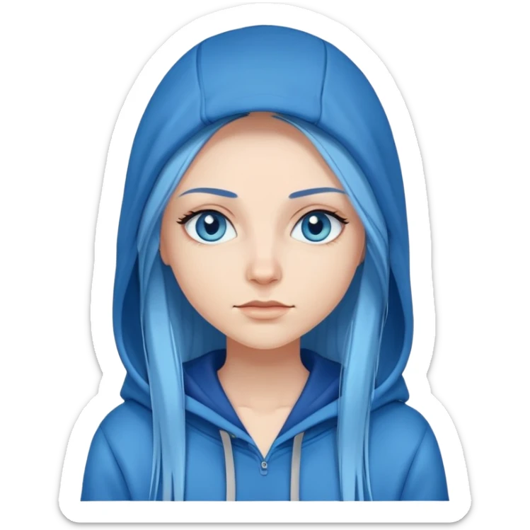 White woman with long blue straight hair and blue eyes with long eyelashes and blue hoodie sticker