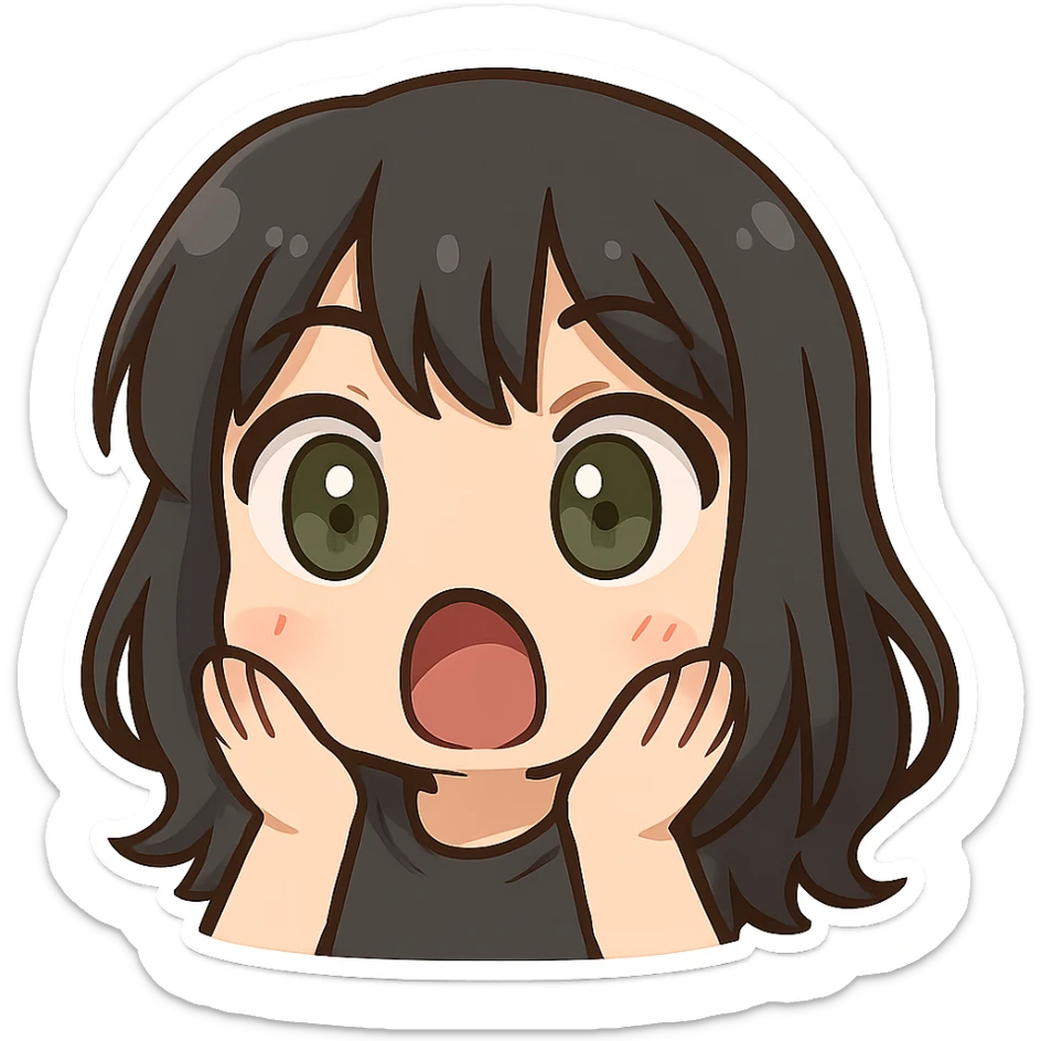girl with black hair and green eyes, surprised expression, twitch emote style sticker