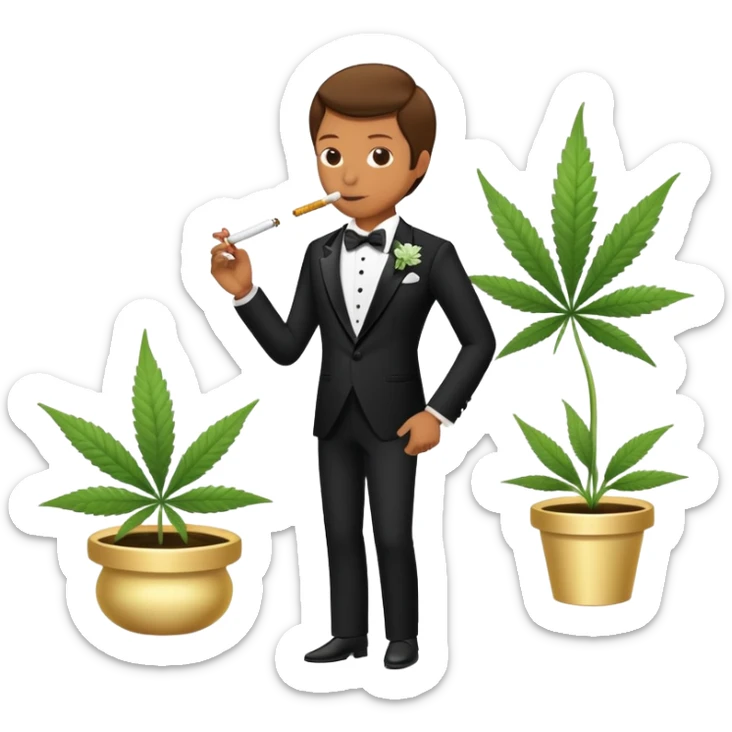 Full body view of a person in fancy clothes sneaking into a wedding ceremony smoking cannabis sticker