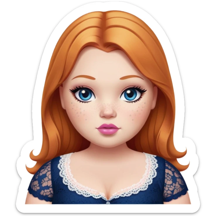 big fat plus size, pretty bratz girl, ginger straight hair, freckles, dark blue eyes, pink lips, black eyeliner, pale skin, cute lace girly clothes sticker
