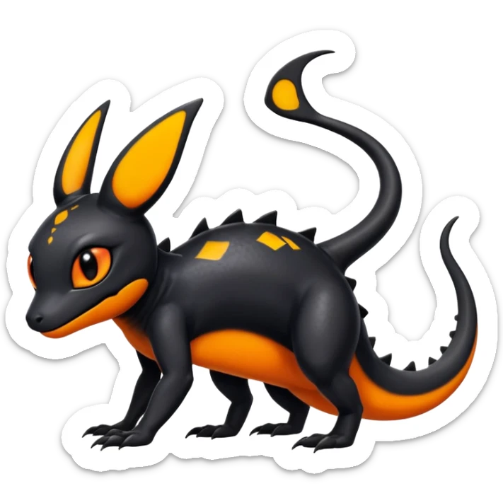 A black Salandit-Umbreon-newt-hybrid-Fakémon-creature with orange belly sticker