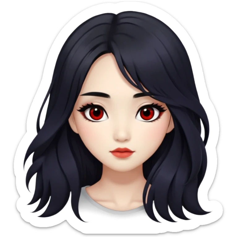 Asian girl with very long shaggy black hair, big black irises for eyes. middle part hair. long lower lashes, cheekbones with red blush. big dimples. simple dark makeup.  sticker