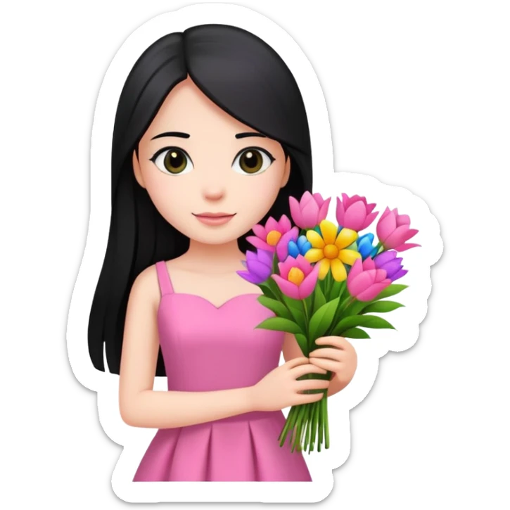 Beautiful girl with long straight black hair, fair skin, wearing pink dress, holding a bouquet of colorful flowers sticker