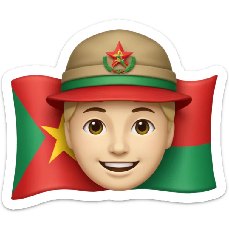A smiling face emoji with the flag of Transnistria, a horizontal tricolor of red, green, and red stripes with a hammer and sickle in the upper left corner, wearing a hat. sticker