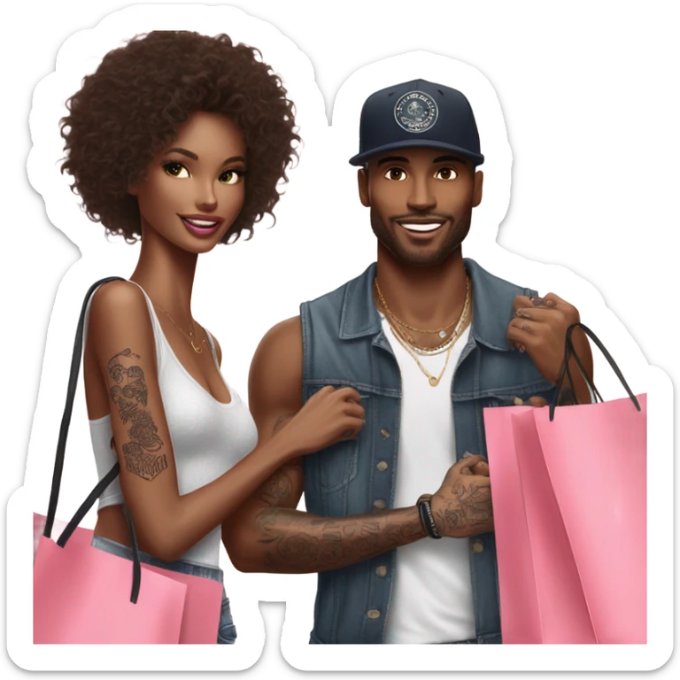 Photo of Victoria secret model shopping with a tattooed male model carrying bags sticker