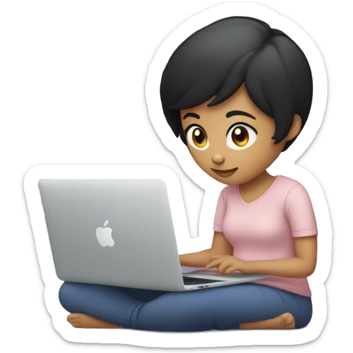 girl with short black hair sitting typing on MacBook and holding iPhone in hand sticker