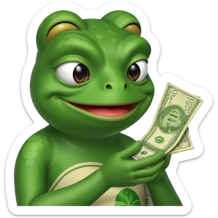 Pepe the frog sniffing a wad of money in his hand and smiling sticker