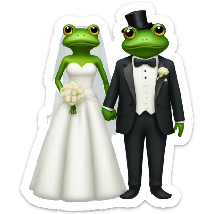 One frog in wedding dress and one frog in a tuxedo holding hands getting married sticker