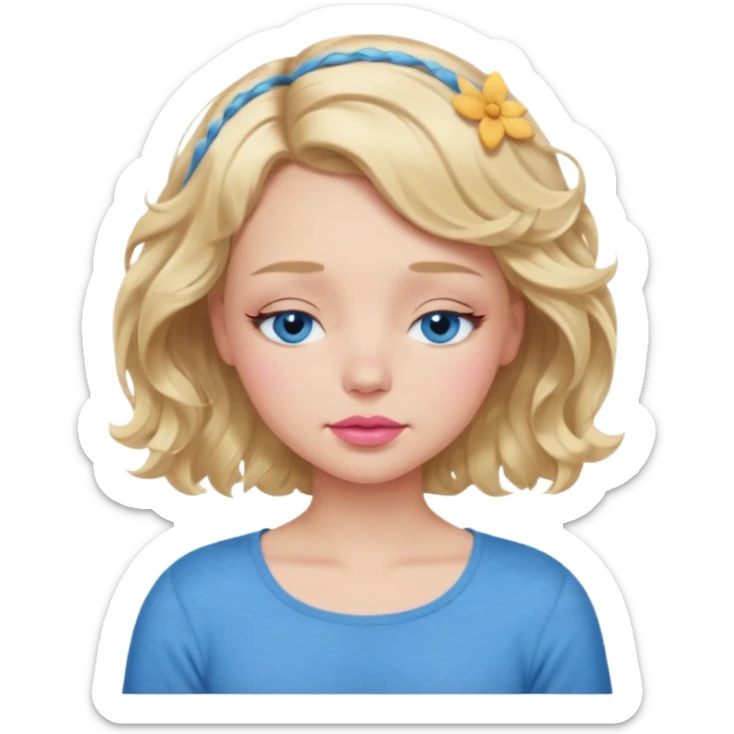 Girl Blonde short wavy hair,  blue eyes, cute blue top, long lashes, pink lips, sleeping eyes closed sticker
