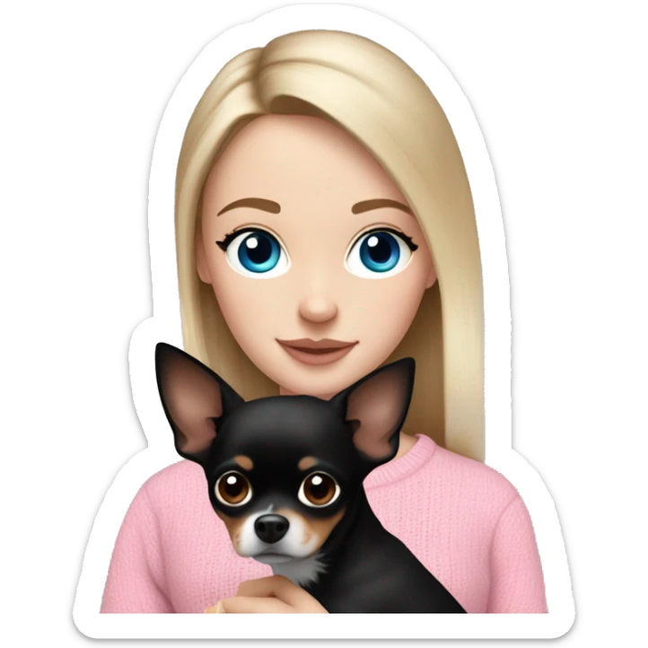 Pretty blue eyed white girl with brunette hair in a pink sweater holding a black chihuahua  sticker