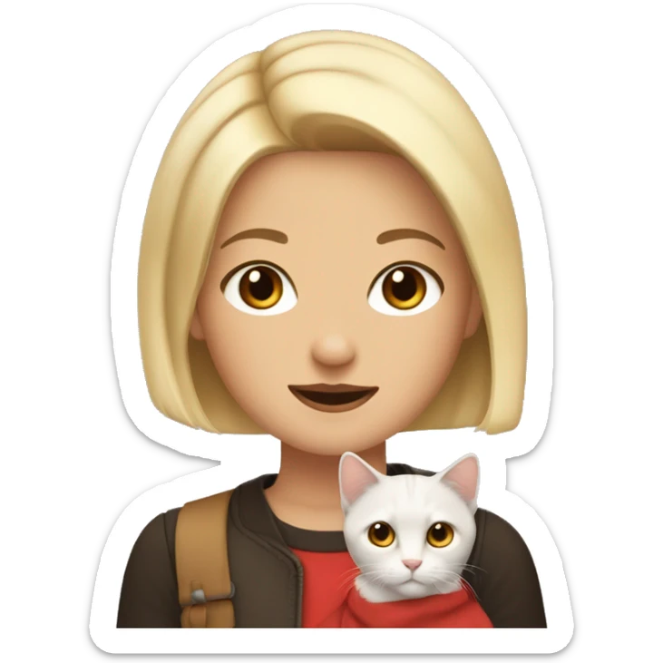 a blonde with a bob haircut and brown eyes holds in her hands a cat of three colors black, red and white sticker