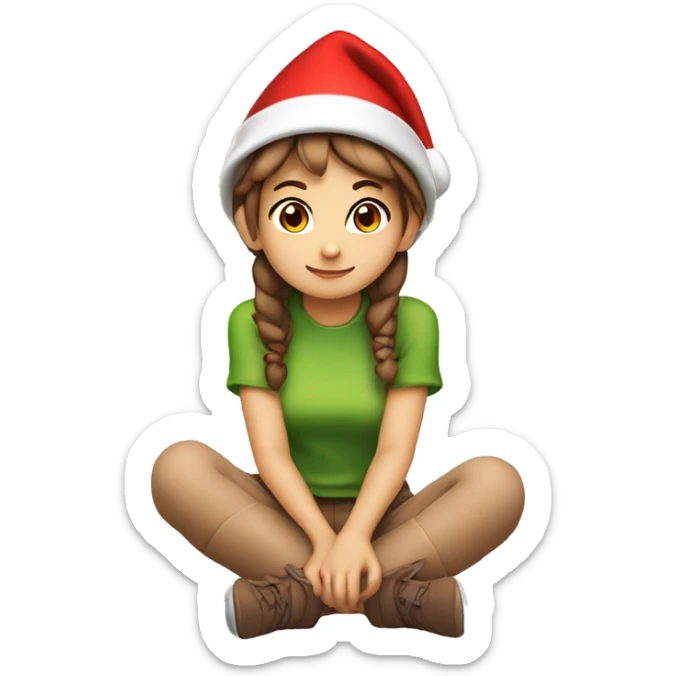Girl with  brown short hair in red elf hat in a sitting position holding her knees ￼ sticker