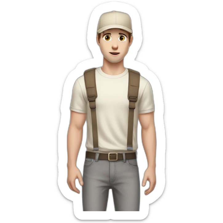 Pale skinned fit Man with dark brown hair in a beige cap, gray jeans, brown polo and white T-shirt keeping a pasted with tape white box into his hands sticker