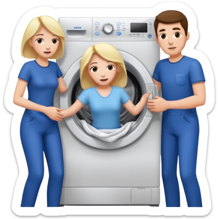 Eine Frau mit dem in der Waschmaschine feststeckt und zwei Männer die hinten an ihr ziehen um ihr zu helfen  sticker