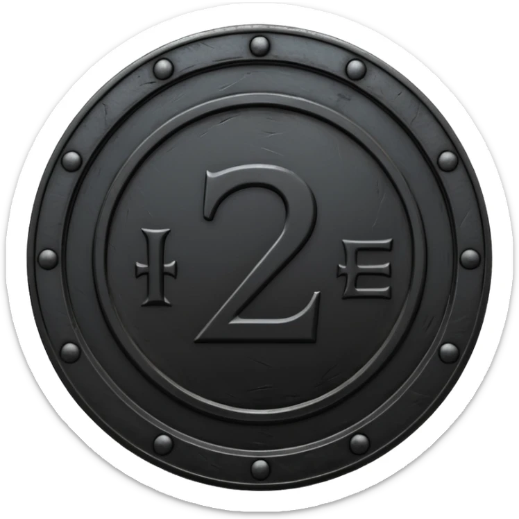 Minimal emoji, gothic metal coin made of black steel, engraved number 2 at the center, ancient industrial aesthetic, worn metal texture, no glow, no neon, flat emoji design, centered, transparent background sticker