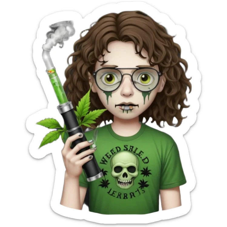 brown wavy haired zombie getting stoned with weed t shirt and bong on his hand and wearing black chrome hearts bifocals sticker