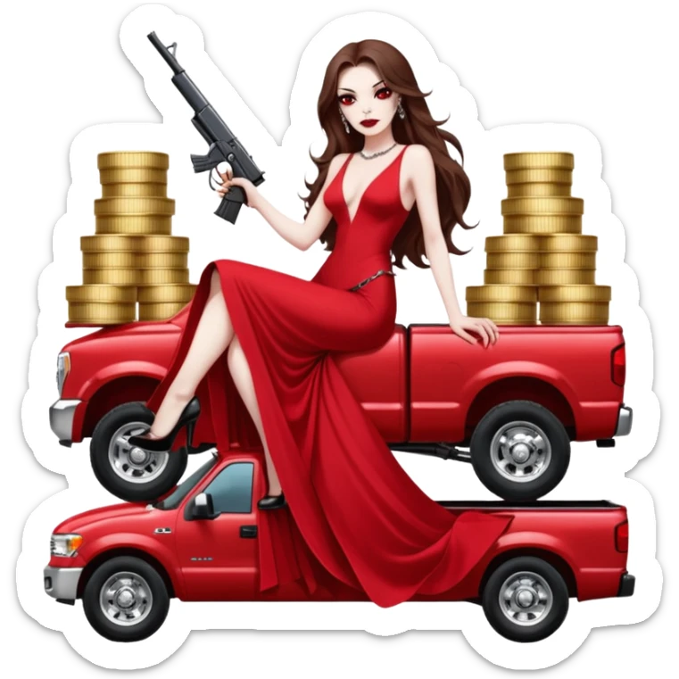 Lilith symbol red eye seductress evil long brown haired sexy succubus woman. Wearing Chanel  long dress with slit, sitting on top of a  giant lifted F350 pickup truck. Black Platform heels on feet. Back of truck full of stacks of cash, sitting behind her is  a human skull with a gun in other hand sticker