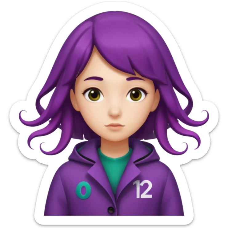 girl with sideways hair wearing Squid Game-style coat with number 120 on right side sticker